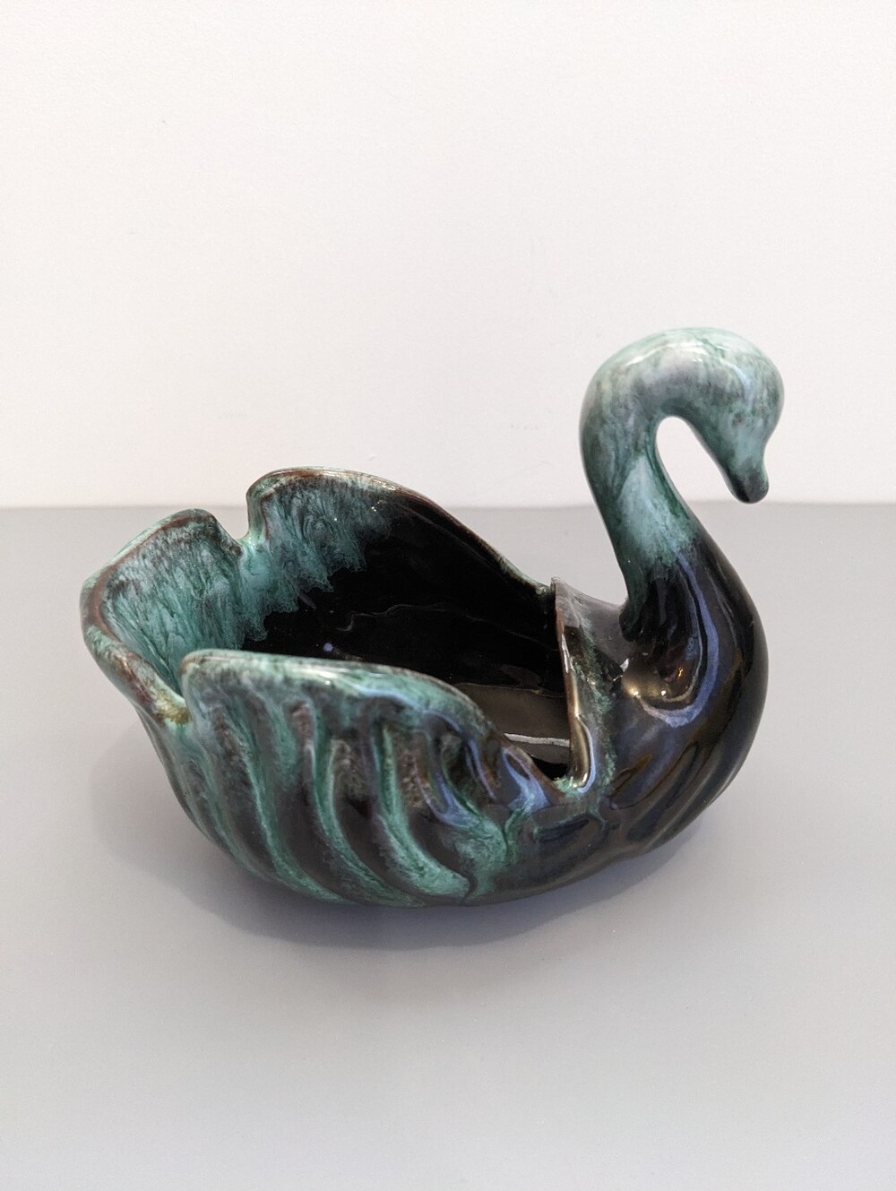 BMP Drip Glaze Swan Figurine Green Blue Vintage Canadian Pottery Home Decor Boho